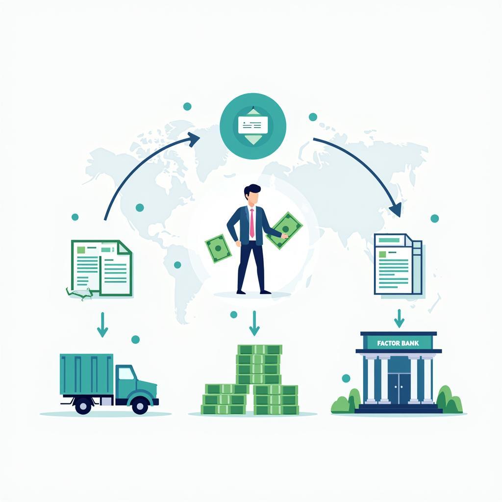 Cơ chế hoạt động của factoring với ba bên tham gia: doanh nghiệp bán hàng, khách hàng mua hàng và ngân hàng factor